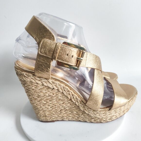 Michael Kors Espadrille Sandals Size 8.5 Platform Gold Leather Giovanna 5" Wedge - Picture 2 of 14